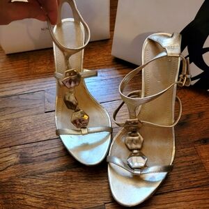 Nine West Keysorr silver T-strap stilettos with metal detailing